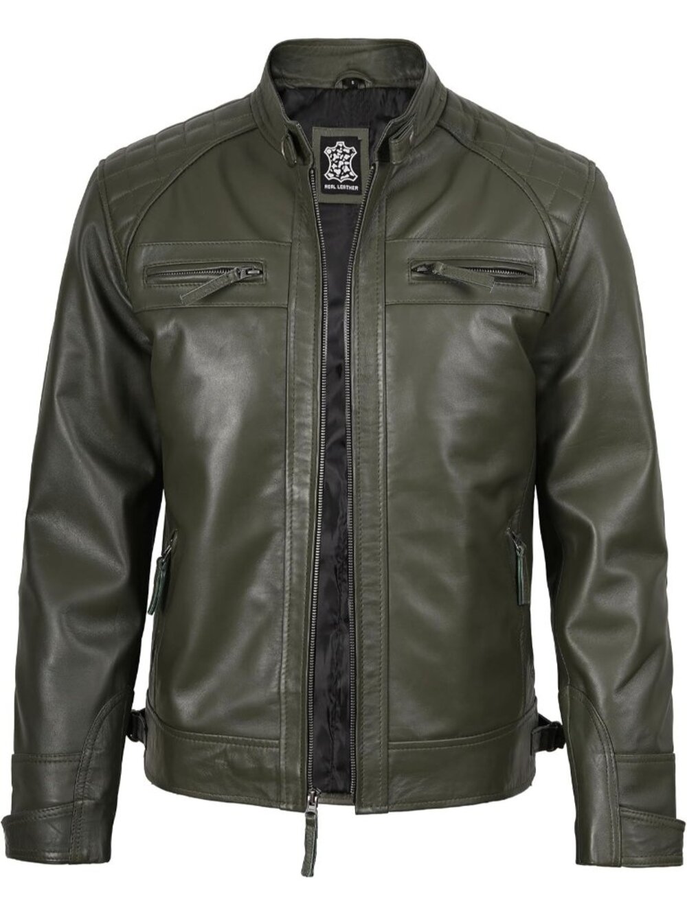 Men’s  Genuine Lambskin Leather Cafe Racer Motorcycle Jacket-Olive Green